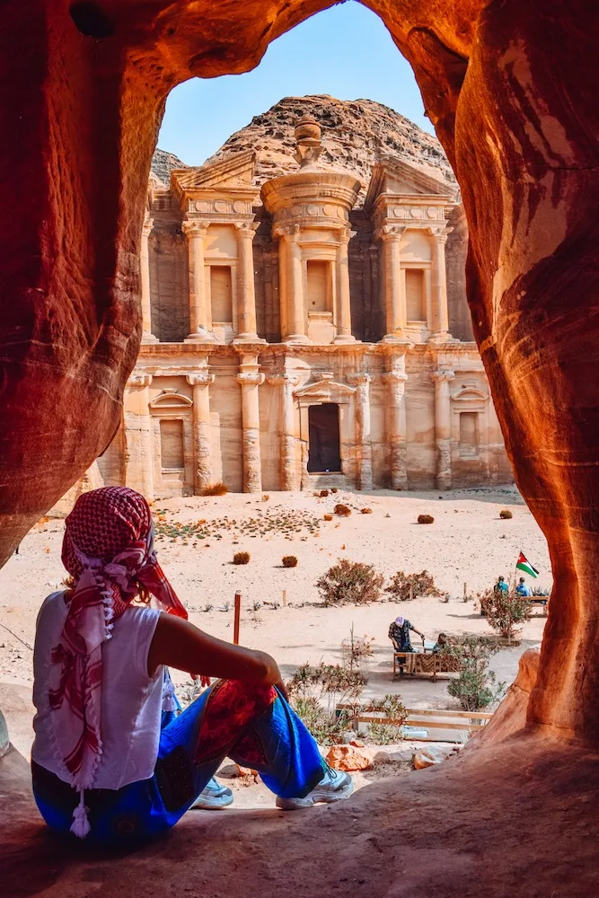 Admiring the Monastery of Petra, Jordan