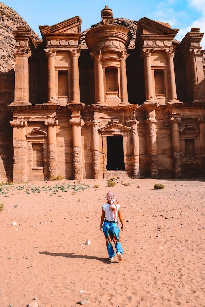 Admiring the Monastery of Petra, Jordan