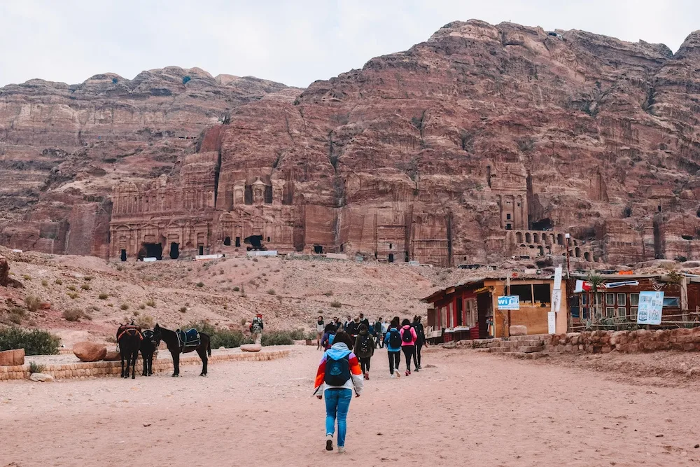 The four Royal Tombs of Petra, in Jordan, seen from a distance