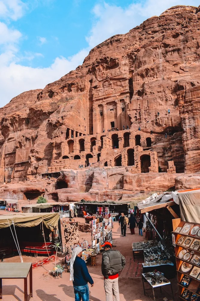 One of the Royal Tombs in Petra and the souvenir stalls below it