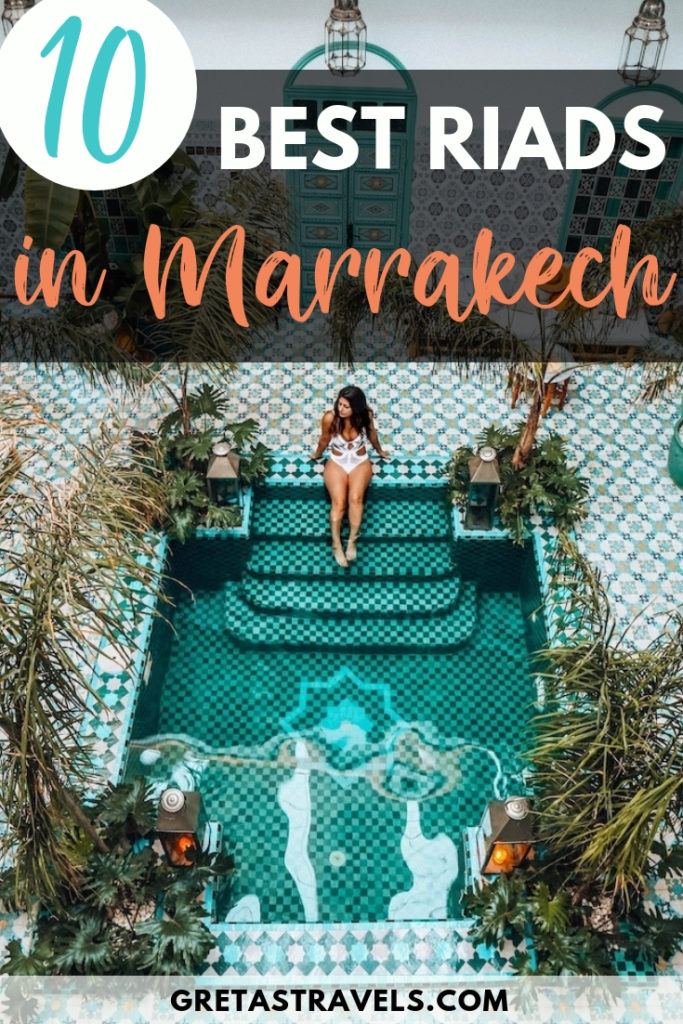 Girl sitting on the edge of the inner pool of Riad BE in Marrakech with text overlay saying "10 best riads in Marrakech" 