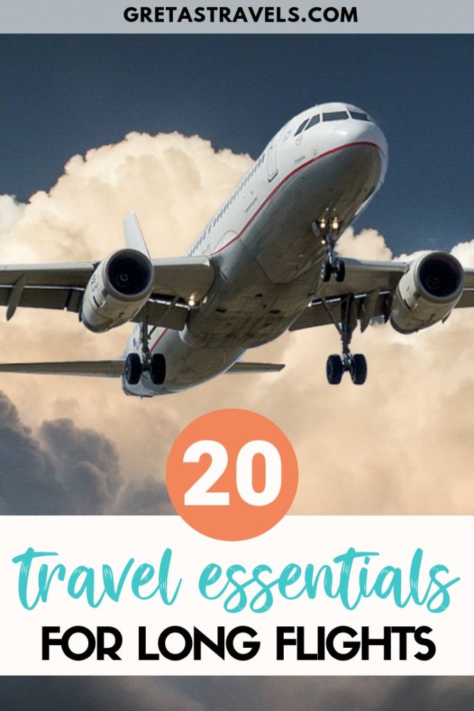 Photo of a plane with text overlay saying "20 travel essentials for long flights"