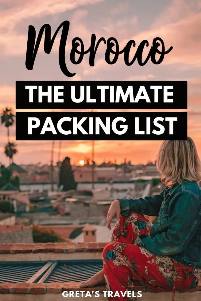 Photo of a blonde girl sitting on a rooftop watching the sunset with text overlay saying "Morocco - the ultimate packing list"