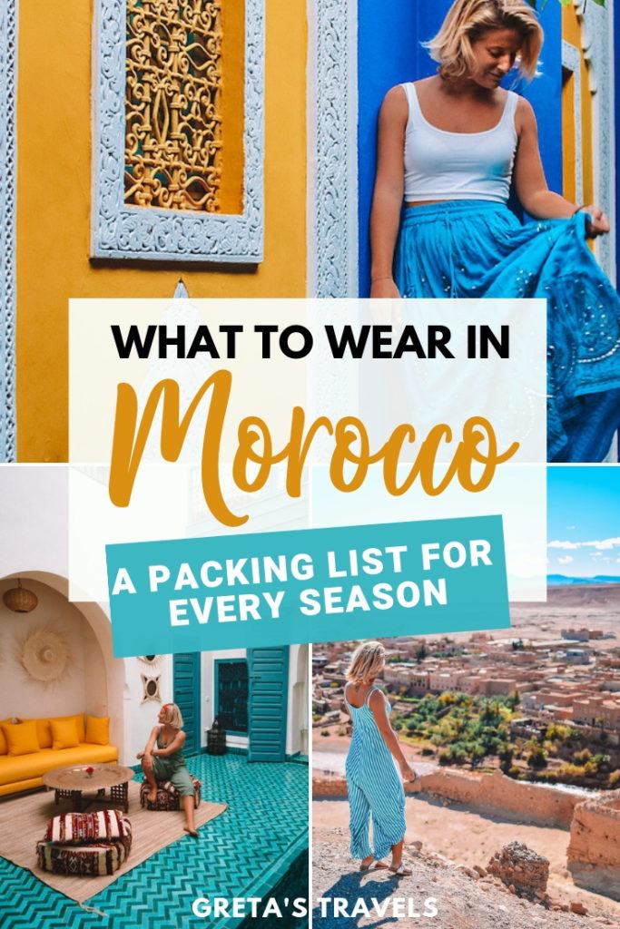 Photo collage of a blonde girl in a riad, in Jardin Majorelle and in Ouarzazate with text overlay saying "what to wear in Morocco - a packing list for every season"