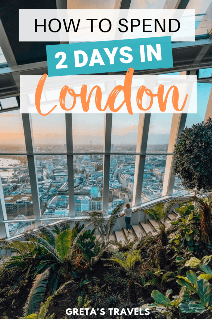 Photo of a girl looking out over the rooftops of London at sunset from Sky Garden with text overlay saying "How to spend 2 days in London"