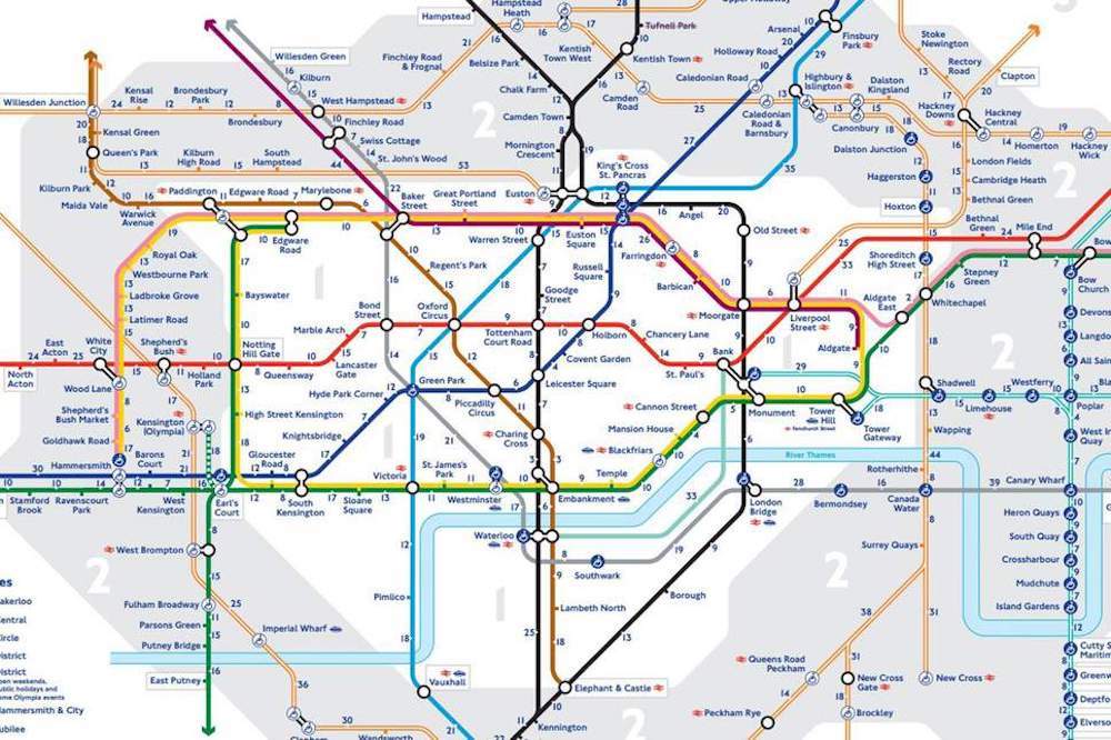 London tube map that shows the walking times between stations, image by TfL