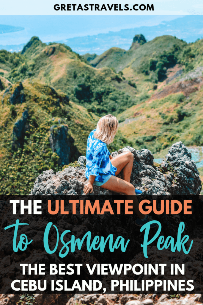 Photo of a blonde girl looking at the view from Osmena Peak with text overlay saying "the ultimate guide to Osmena Peak - the best viewpoint in Cebu Island, Philippines"