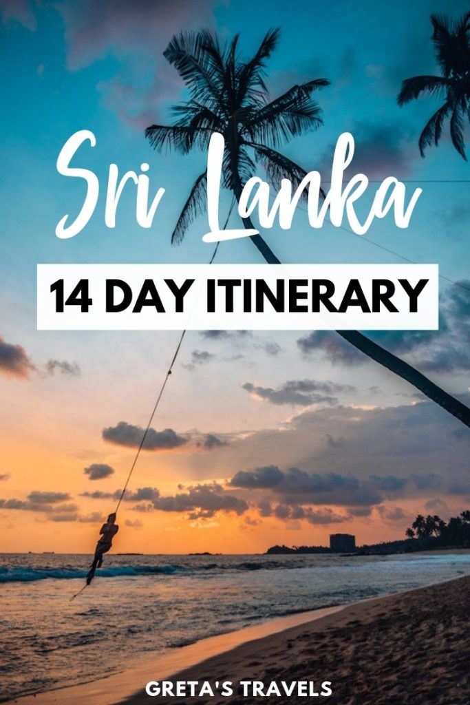 Girl swinging from the famous Dalawella Beach swing with text overlay saying "Sri Lanka 14-day itinerary"
