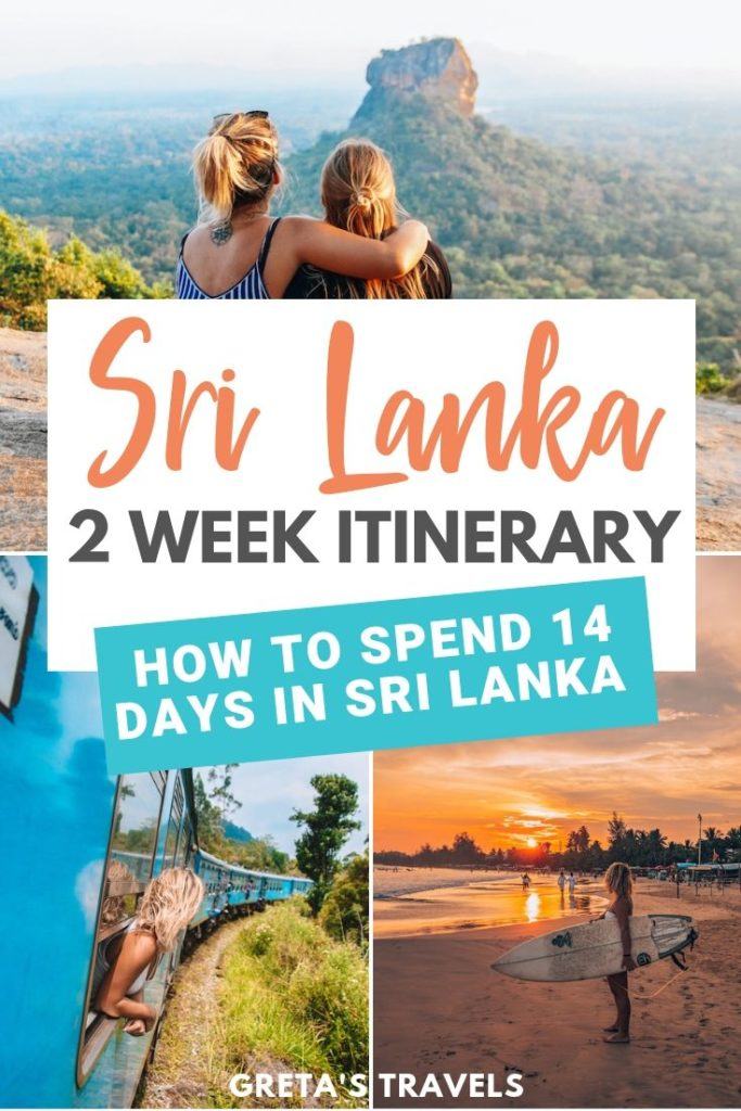Collage of a blonde girl leaning out of the blue scenic Kandy-Ella train, girl holding a surf board in Weligama at sunset and two girls overlooking Sigiriya from Pidurangala with text overlay saying "Sri Lanka 2-week itinerary - how to spend 14 days in Sri Lanka"