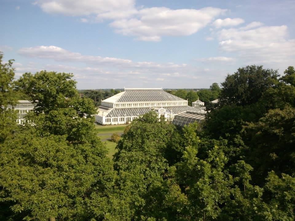 The main greenhouse of Kew Gardens from a distance, London