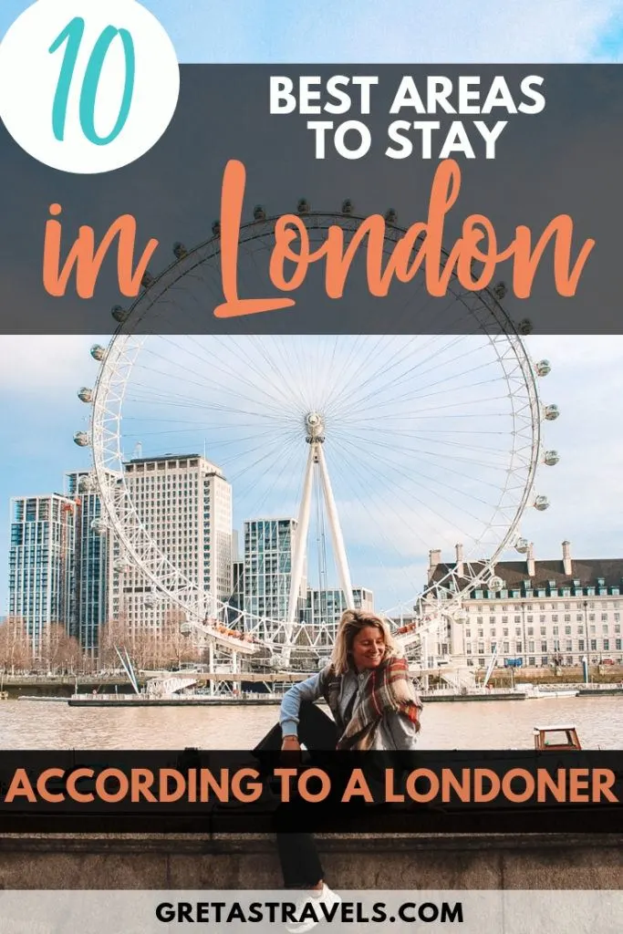 Photo of a blonde girl sat in front of the London Eye with text overlay saying "10 best areas to stay in London according to a Londoner"