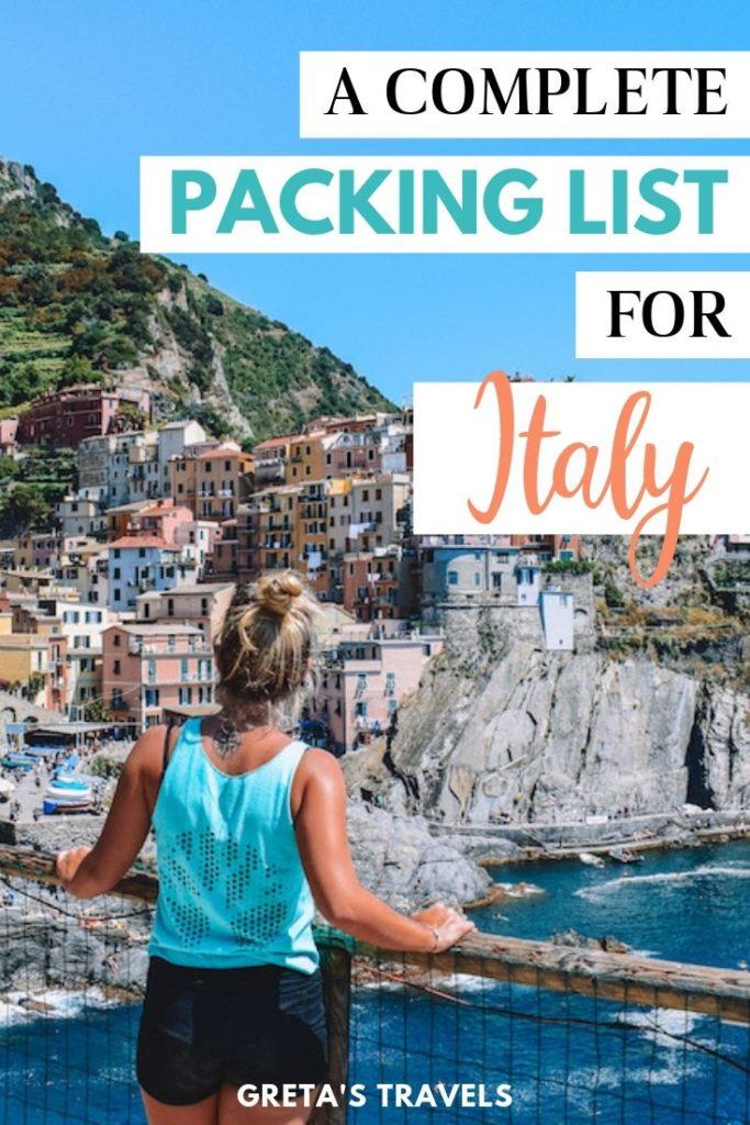 Photo of a girl from the back looking at the colourful houses of Manarola in Cinque Terre with text overlay saying "a complete packing list for Italy"