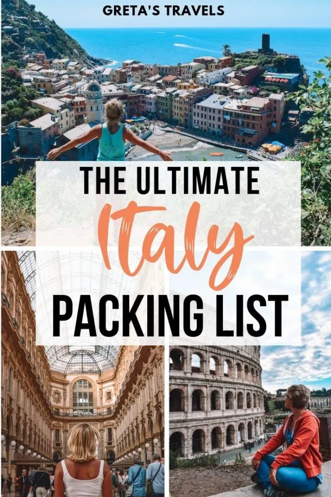 A collage with photos of Cinque Terre, Rome and Milan with text overlay saying "The ultimate Italy packing list"