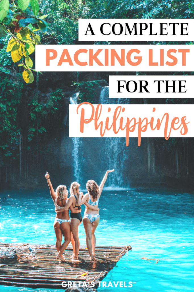 Photo of three girls standing in front of Kawasan Falls with text overlay saying "A complete packing list for the Philippines"