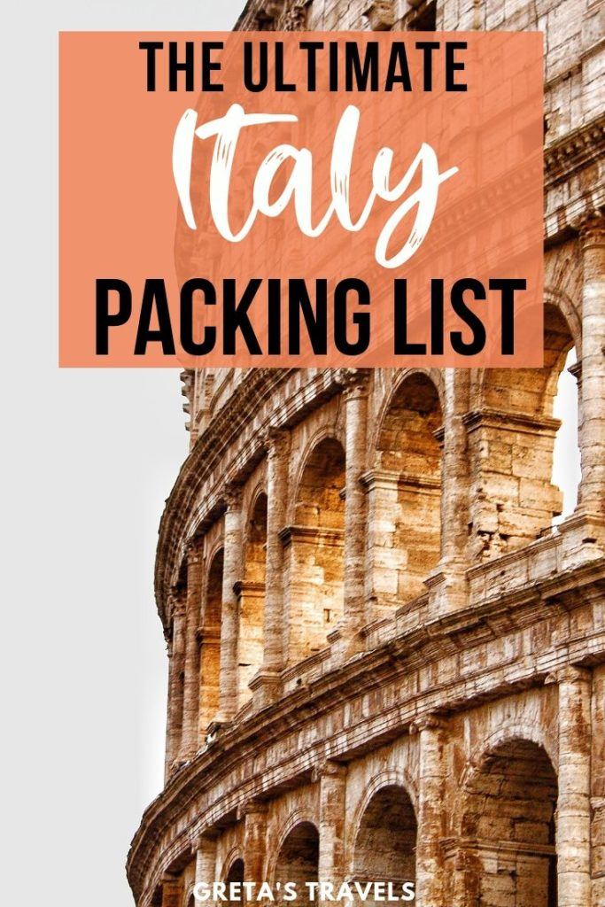 Photo of the colosseum in Rome with text overlay saying "The ultimate Italy packing list"