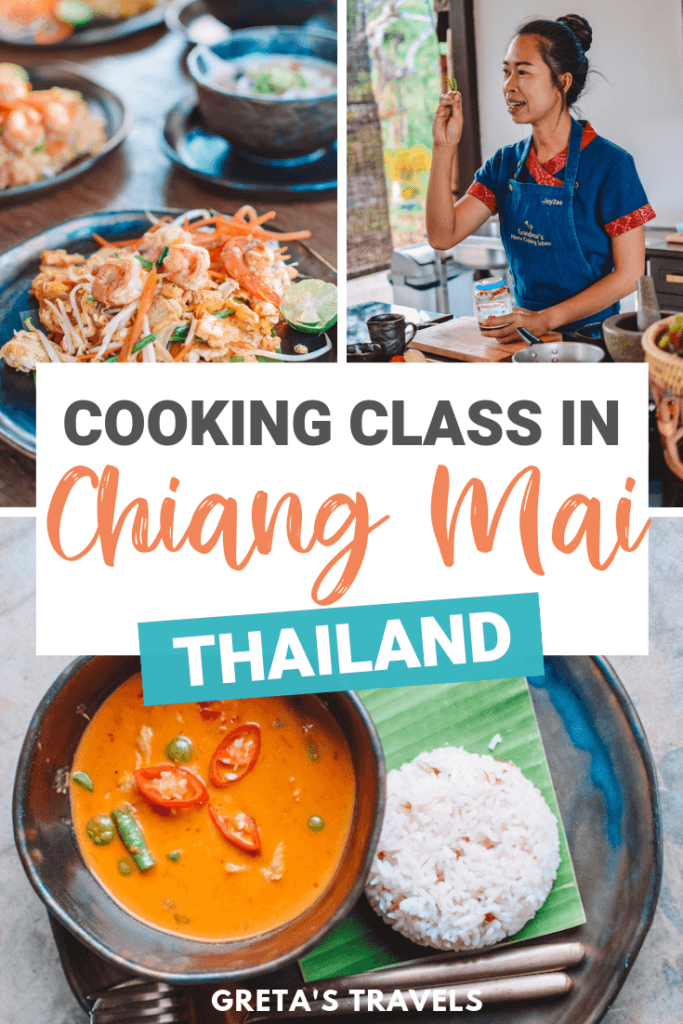Photo collage of a Thai red curry, a pad thai and a girl cooking with text overlay saying "cooking class in Chiang Mai, Thailand"