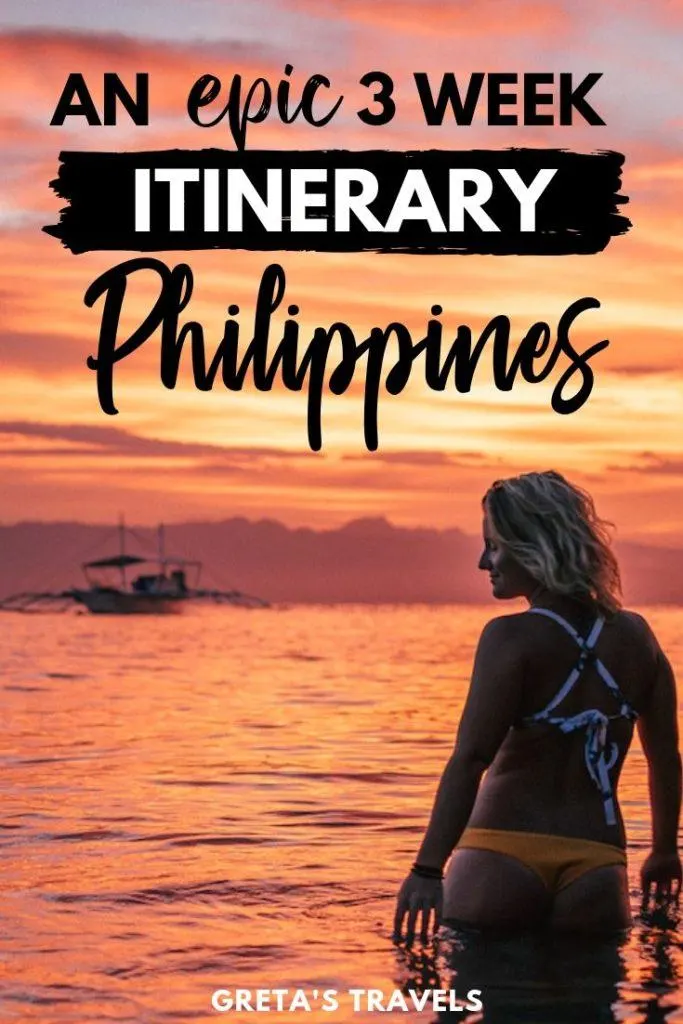 Photo of a blonde girl standing in front of a sunset with text overlay saying "an epic 3 week itinerary Philippines"