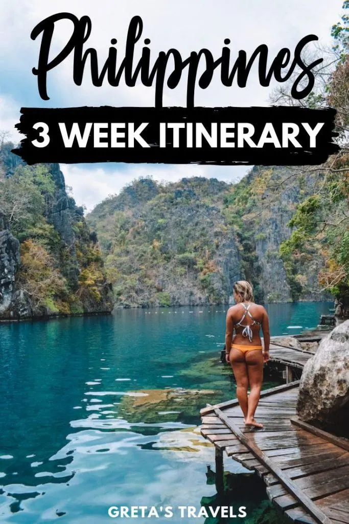 Photo of a blonde girl in Kayangan Lake with text overlay saying "Philippines 3 week itinerary"