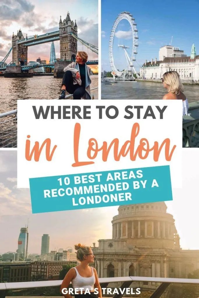 Photo collage of the London Eye, St Paul's Cathderal and Tower Bridge with text overlay saying "where to stay in London - 10 best areas recommended by a Londoner"