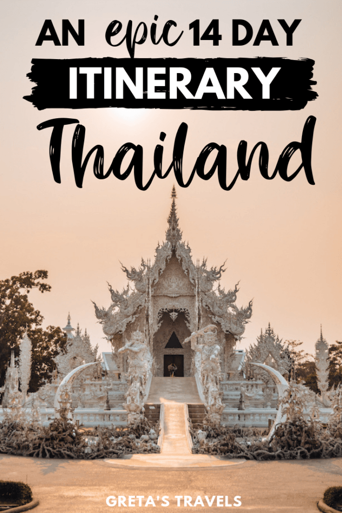 The white temple in Chiang Rai at sunset with text overlay saying "an epic 14-day itinerary Thailand"