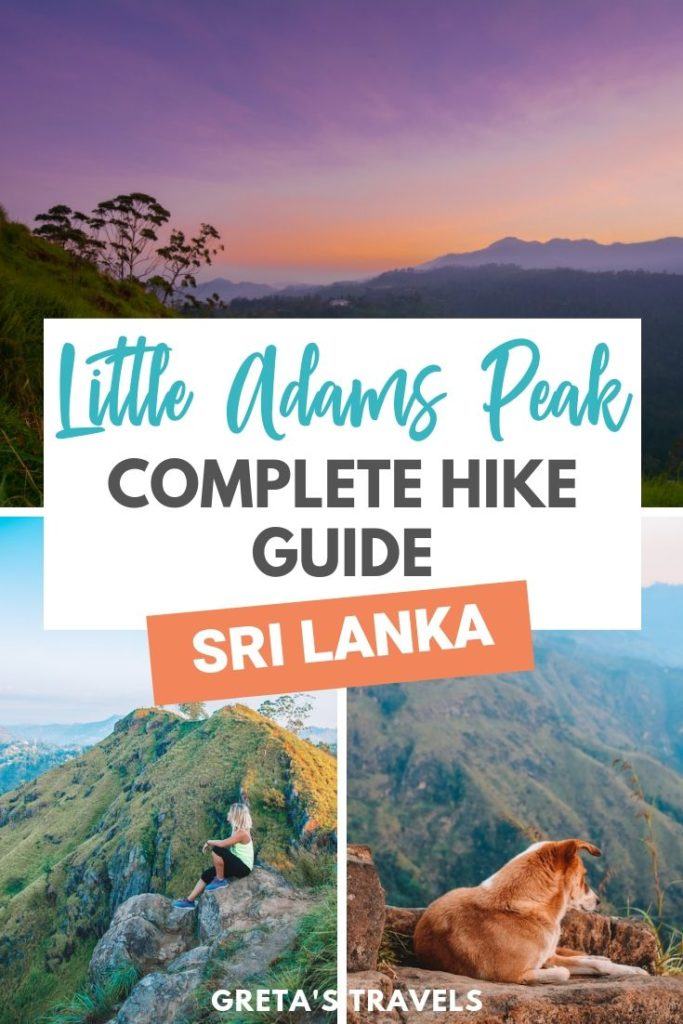 Collage with photos of Little Adams Peak at sunrise and a text overlay saying "Little Adams Peak, Complete hike guide, Sri Lanka"