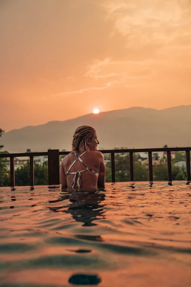 Enjoying the sunset from the rooftop pool of Le Meridien in Chiang Mai