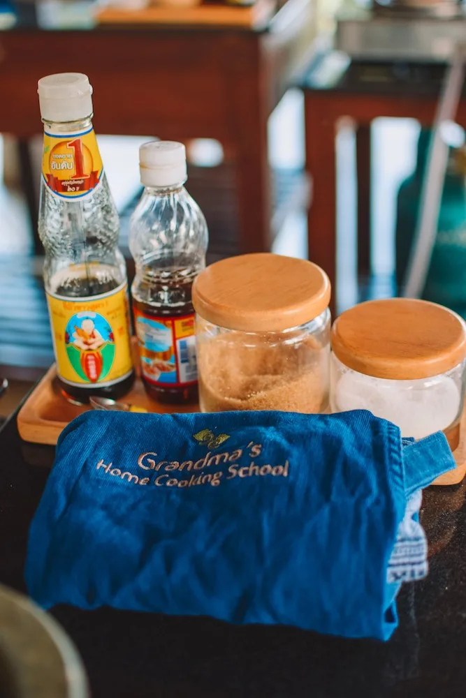 The cooking station at Grandma's Home Cooking School in Chiang Mai, Thailand