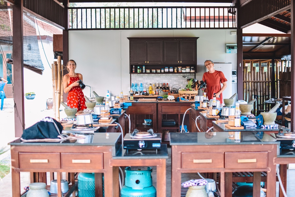 The student cooking stations at Grandma's Home Cooking School in Chiang Mai, Thailand