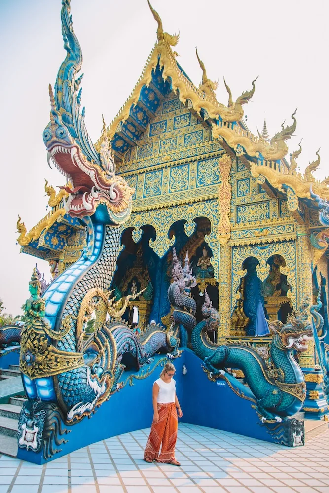 The front of Wat Rong Suea Ten (the Blue Temple) in Chiang Rai, Thailand