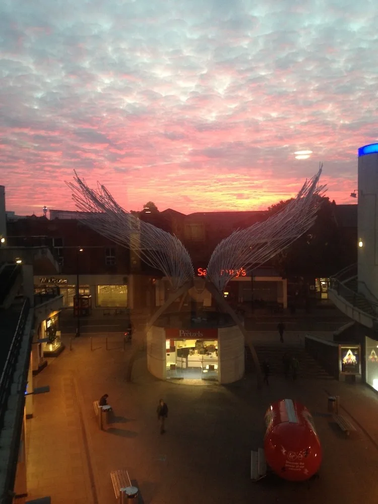 Sunset from the cinema in the mall in Angel, London - my personal favourite neighbourhood to stay in London