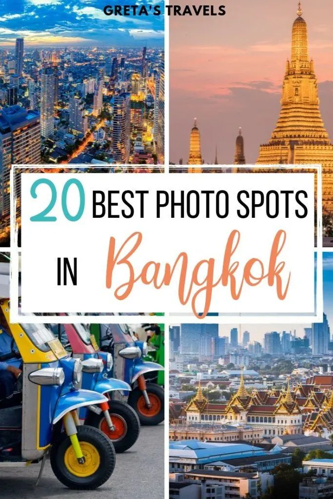 Collage of the temples, skyline and tuk tuks of Bangkok with text overlay saying "20 best photo spots in Bangkok"