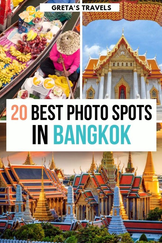 Collage of the temples, skyline and tuk tuks of Bangkok with text overlay saying "20 best photo spots in Bangkok"
