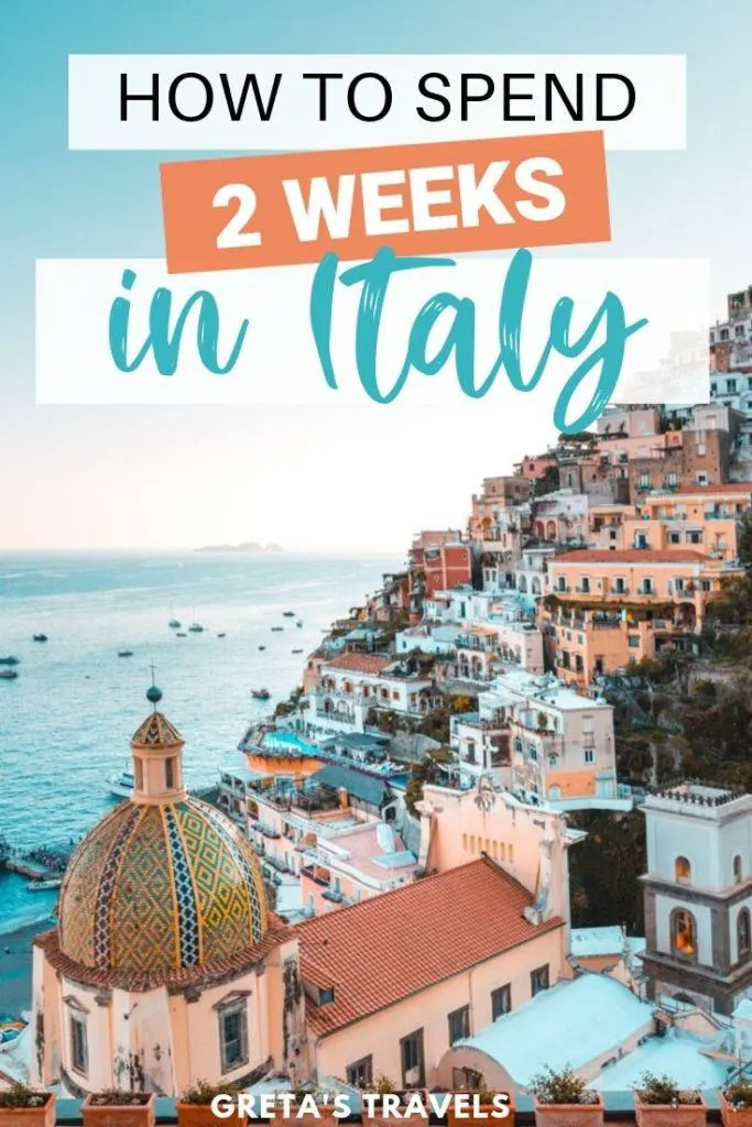 The colourful rooftops of the Amalfi Coast with text overlay saying "how to spend 2 weeks in Italy"