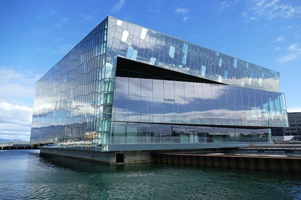 The outside of the Harpa Concert Hall in Reykjavik, Iceland