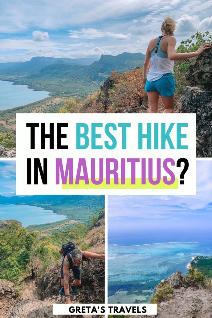 Collage of different views from the top of Le Morne Brabant in Mauritius, with text overlay saying 