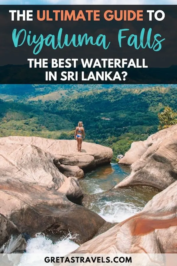 The top rock pool of Diyaluma Falls with view and text overlay saying "the ultimate guide to Diyaluma Falls: the best waterfall in Sri Lanka?"