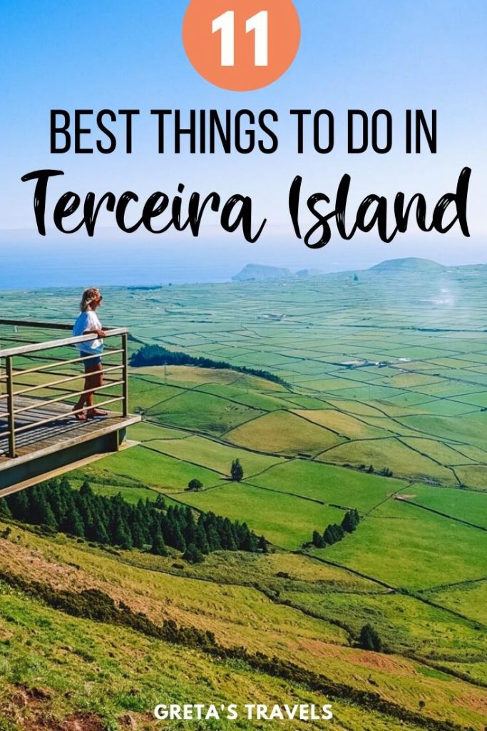 Blonde girl overlooking the view from the mirador de serra do coume in Terceira with text overlay saying "11 best things to do in Terceira Island"