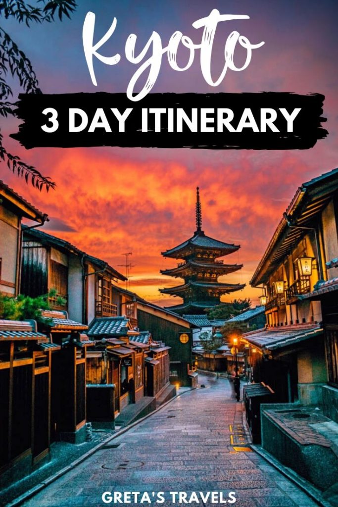 The street leading up to the Hokkanji temple pagoda at sunset, with a beautiful red sky and text overlay saying "Kyoto 3-day itinerary"