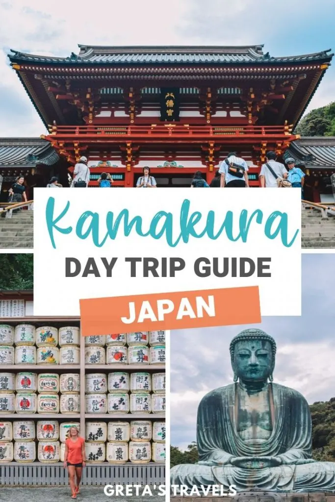 Collage of the big buddha of Kamakura, white sake barrels and one of the famous Kamakura temples with text overlay saying "Kamakura day trip guide, Japan"