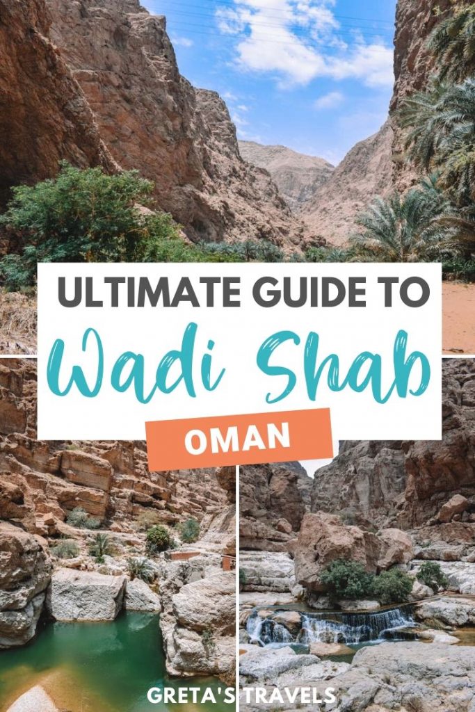 Collage of photos from Wadi Shab with text overlay saying "Ultimate guide to Wadi Shab, Oman"