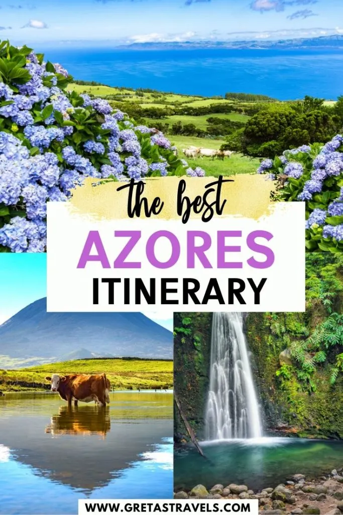 Collage of the green parks and waterfalls in the Azores Islands, with text overlay saying "The best Azores itinerary"