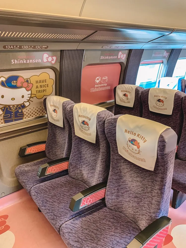 The seats on the Hello Kitty Shinkansen train from Hiroshima to Osaka