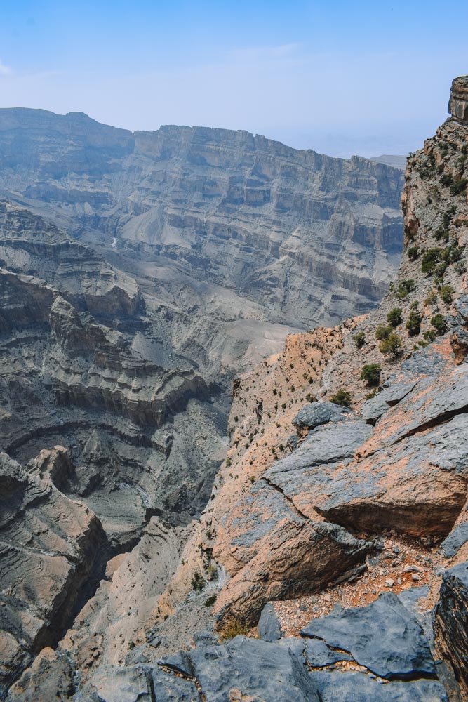The Wadi Ghul canyon sides as seen from the rim, where Jebel Shams Balcony Walk trail is
