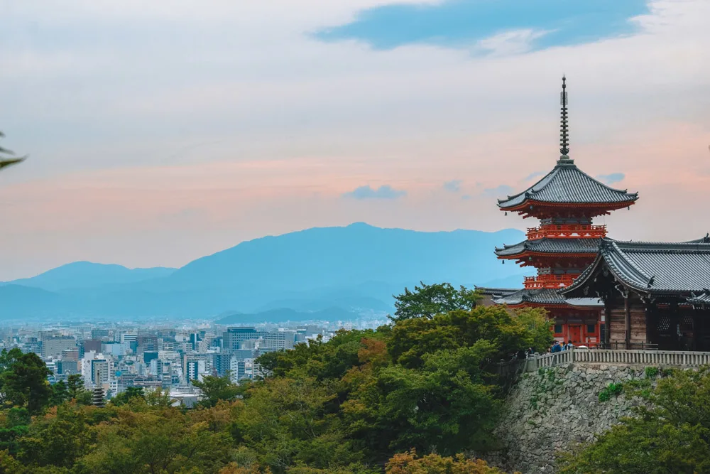 The view from Kiyomizudera temple over its main pagoda and Kyoto in the background