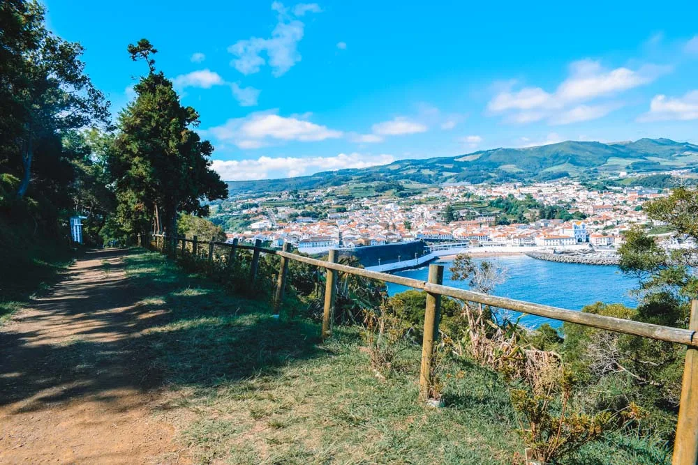The hiking trail of Monte Brazil with view of Angra do Heroismo on Terceira Island