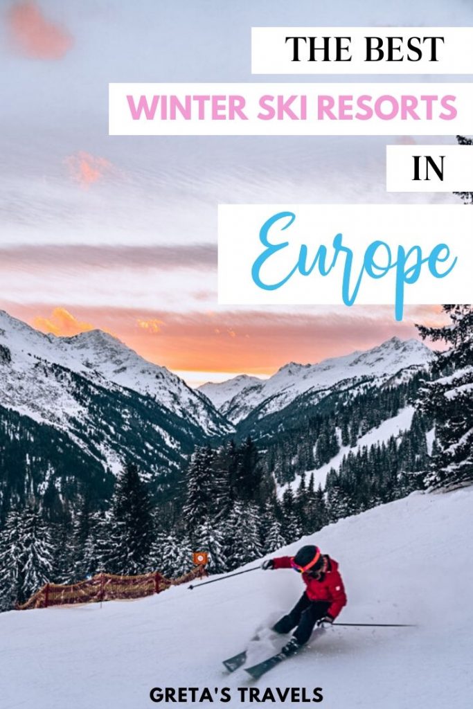 Girl in a red ski coat skiing in St Anton am Arlberg with a sunset and mountain view behind her and text overlay saying "The best winter ski destinations in Europe"
