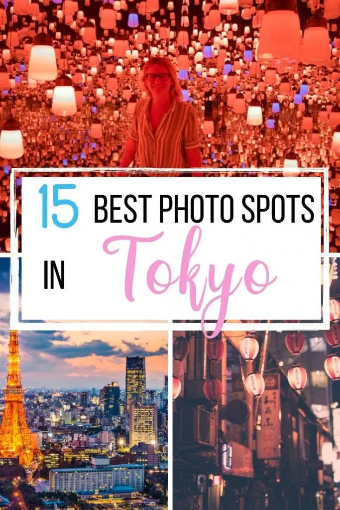 Collage of Borderless Teamlab exhibition, skyline of Tokyo and Tokyo streets at night with text overlay saying "15 most Instagrammable places in Tokyo"