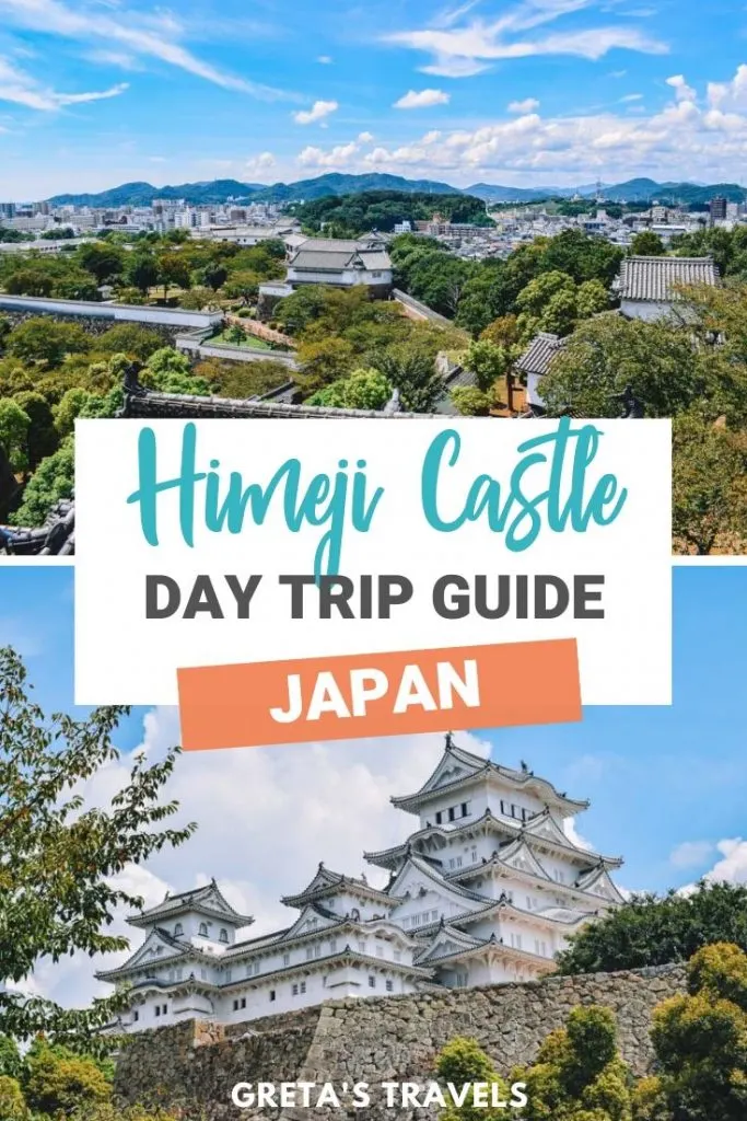 Collage of the Himeji Castle from outside and the view from the top floors of the castle with text overlay saying "Himeji Castle, Day trip guide, Japan"