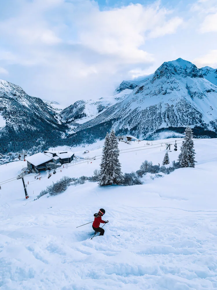 Skiing in the fresh powder snow of Lech Zurs, Austria