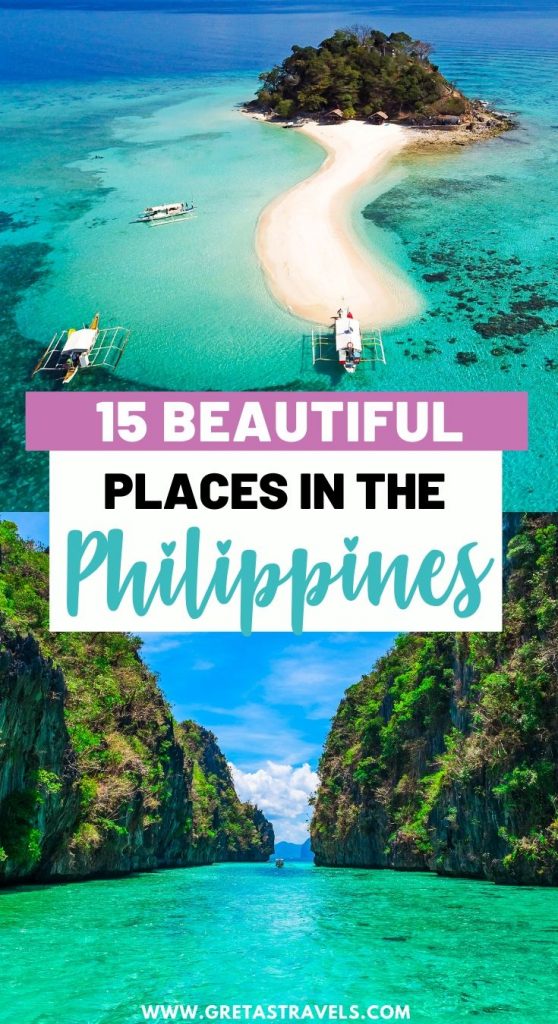 Collage of a drone shot of a beach and Big Lagoon in El Nido with text overlay saying "15 beautiful places in the Philippines"